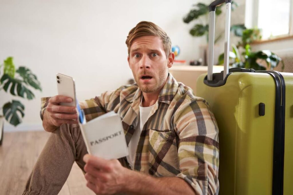 A person sits on the floor next to a bright green suitcase, holding a smartphone and a passport in a cozy indoor setting.