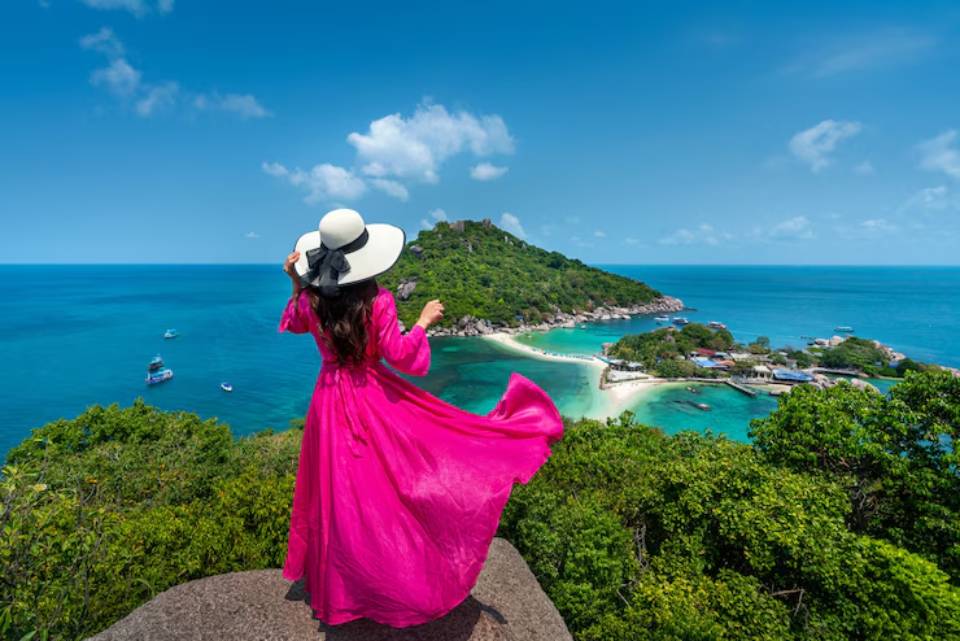 A woman in a vibrant pink dress and wide-brimmed hat stands on a cliff, overlooking a tropical beach with clear blue waters.