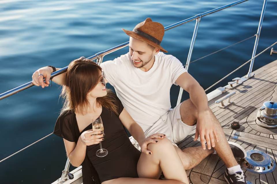 A couple relaxes on a sailboat, enjoying drinks with a serene blue ocean in the background on a sunny day.