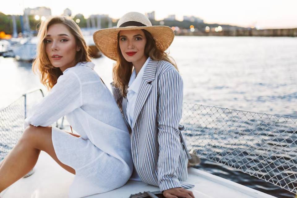 Two women sit on a boat, enjoying a sunset view on a calm waterway, dressed in stylish summer outfits and a wide-brimmed hat.