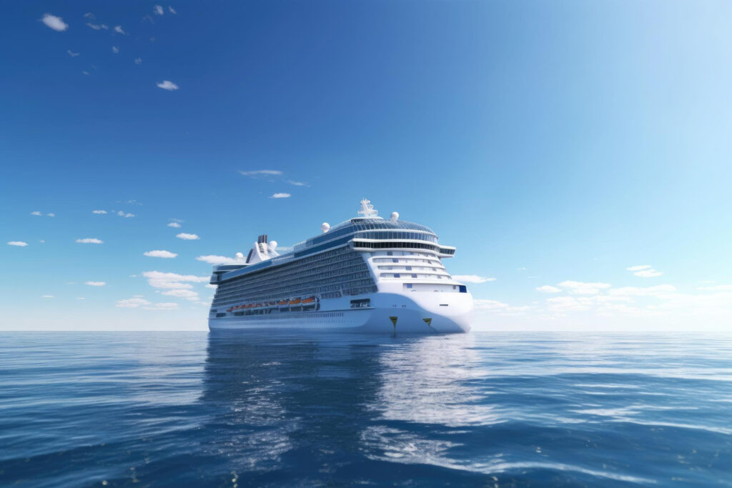 A large cruise ship sails peacefully through calm blue waters under a clear sky with wispy clouds.