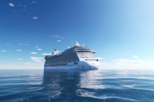A large cruise ship sails peacefully through calm blue waters under a clear sky with wispy clouds.