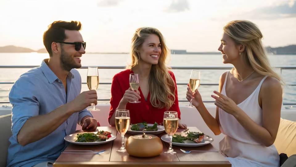 Three friends enjoy a sunset meal aboard a boat, toasting with champagne glasses. Plates of food and a serene sea backdrop complete the scene.