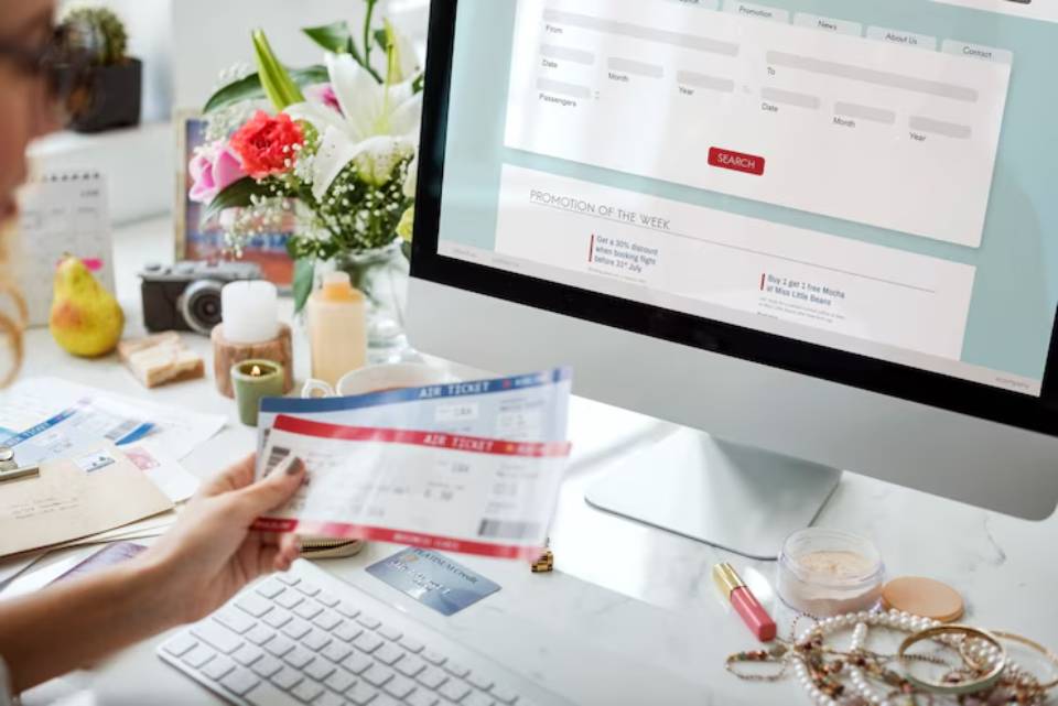 A woman holds airline tickets while looking at a travel booking website on her computer, surrounded by flowers and personal items.