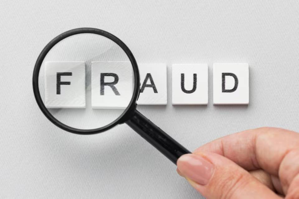 A hand holding a magnifying glass over the word FRAUD spelled out in letter tiles on a light background.