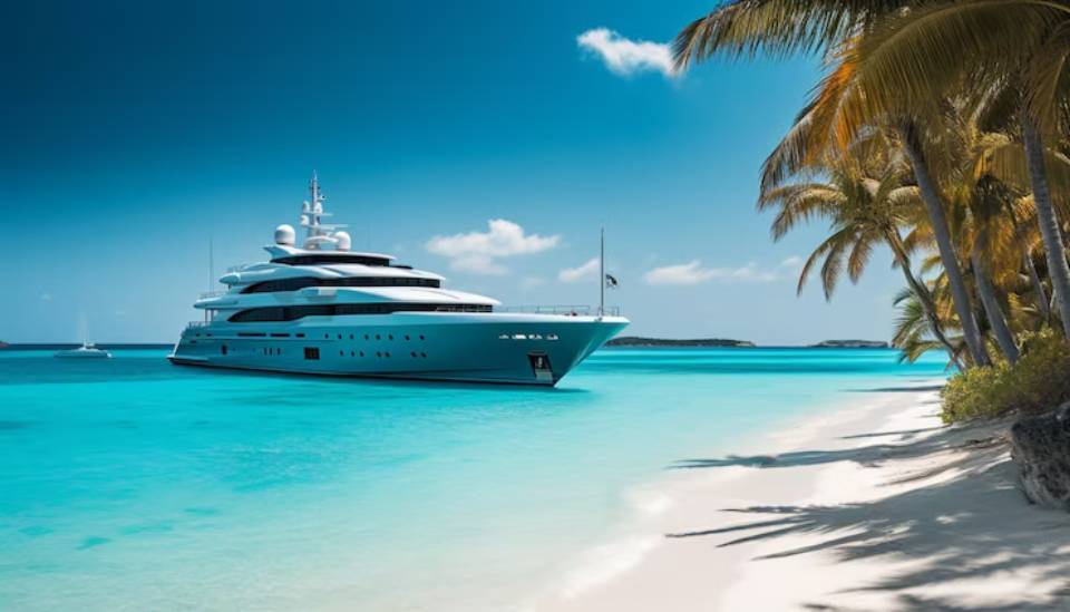 A luxurious yacht anchored in turquoise waters near a sandy beach, surrounded by palm trees and a clear blue sky.