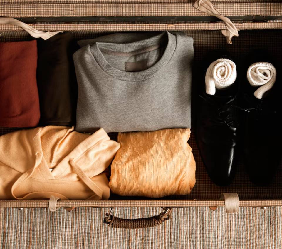 A neatly packed suitcase featuring folded clothes, including sweatshirts and a pair of black shoes, ready for travel.