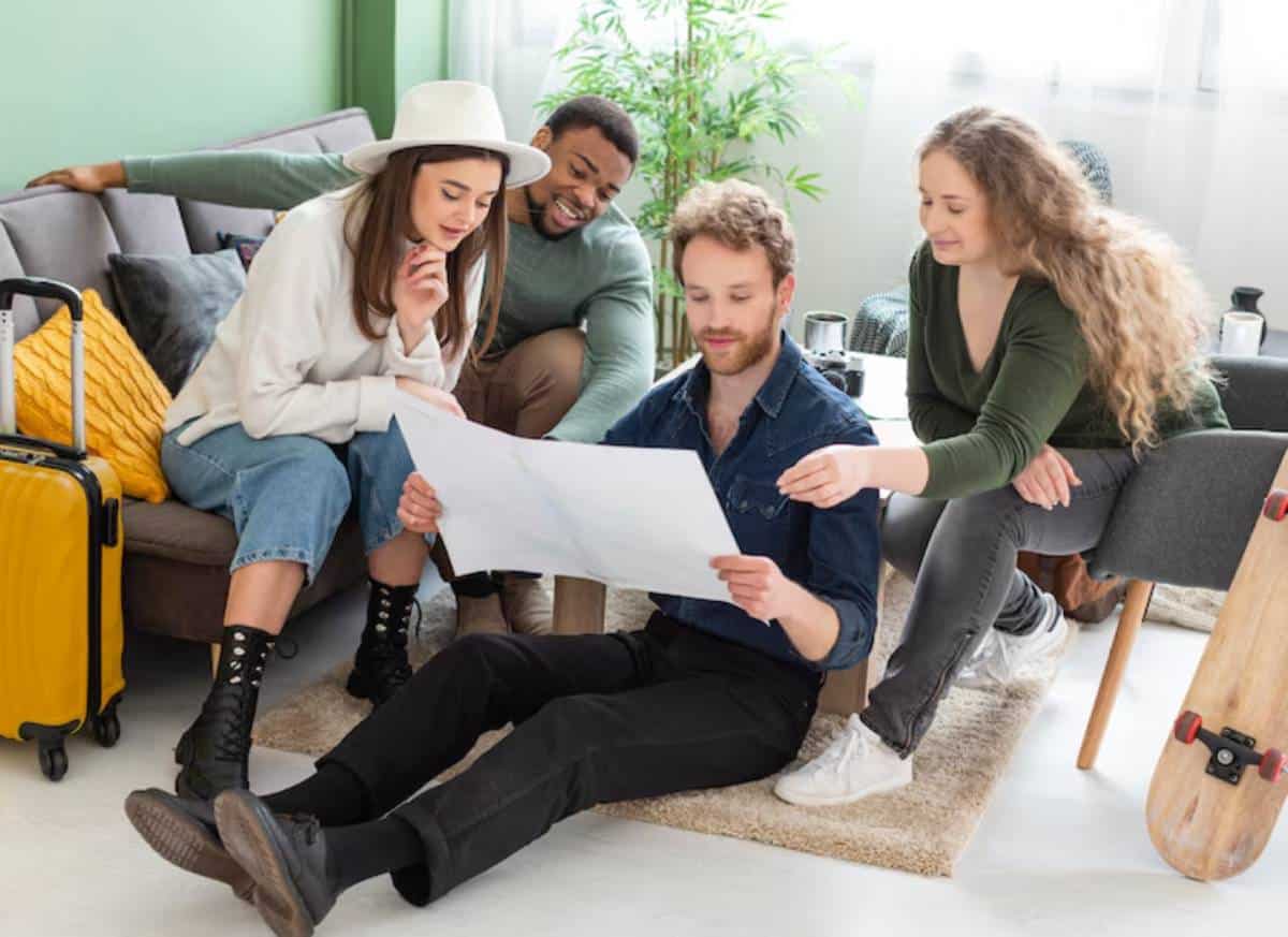 A group of friends gathers in a stylish living room, examining a map on the floor while sitting around a cozy sofa.