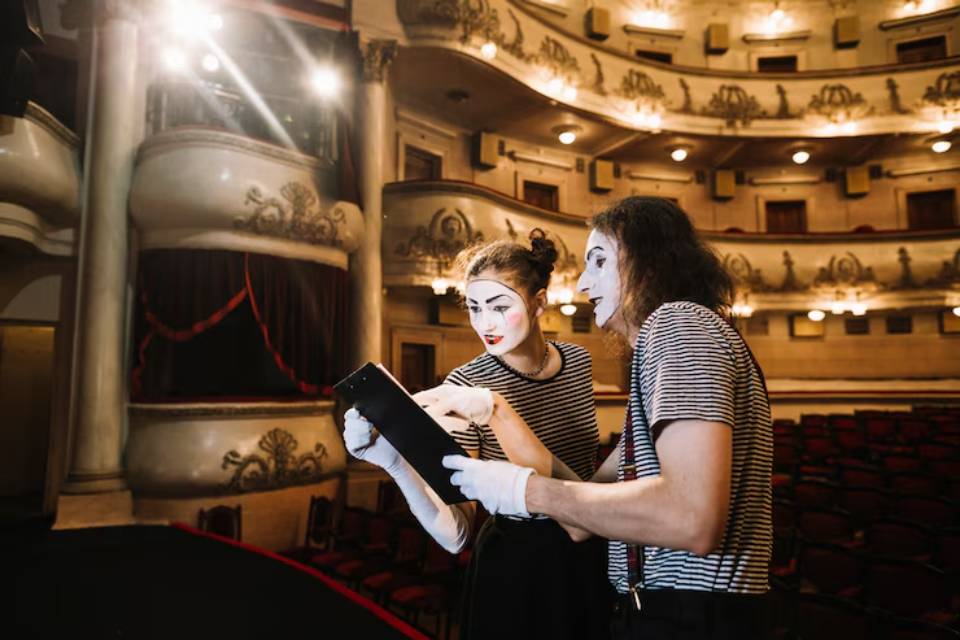 Two performers in striped shirts collaborate on a clipboard in an ornate theater setting with empty seats and warm stage lighting.
