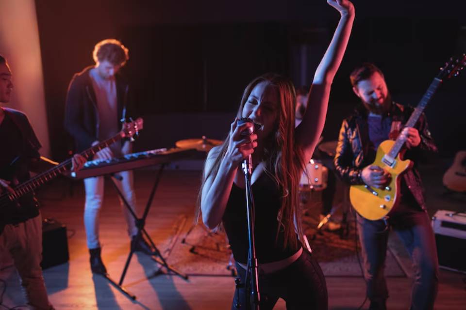 A dynamic band performing on stage, illuminated by colorful lights, with musicians playing guitar, keyboard, and singing energetically.