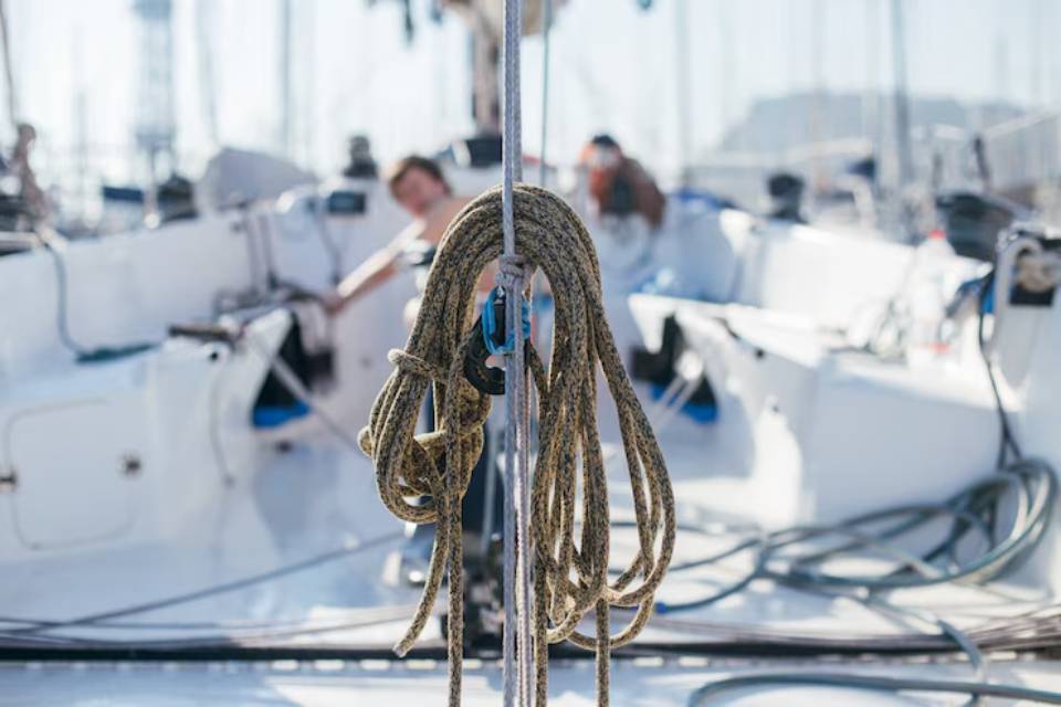 A close-up of coiled rope hanging on a sailboat's mast, with blurred sailors and marina in the background under bright sunlight.