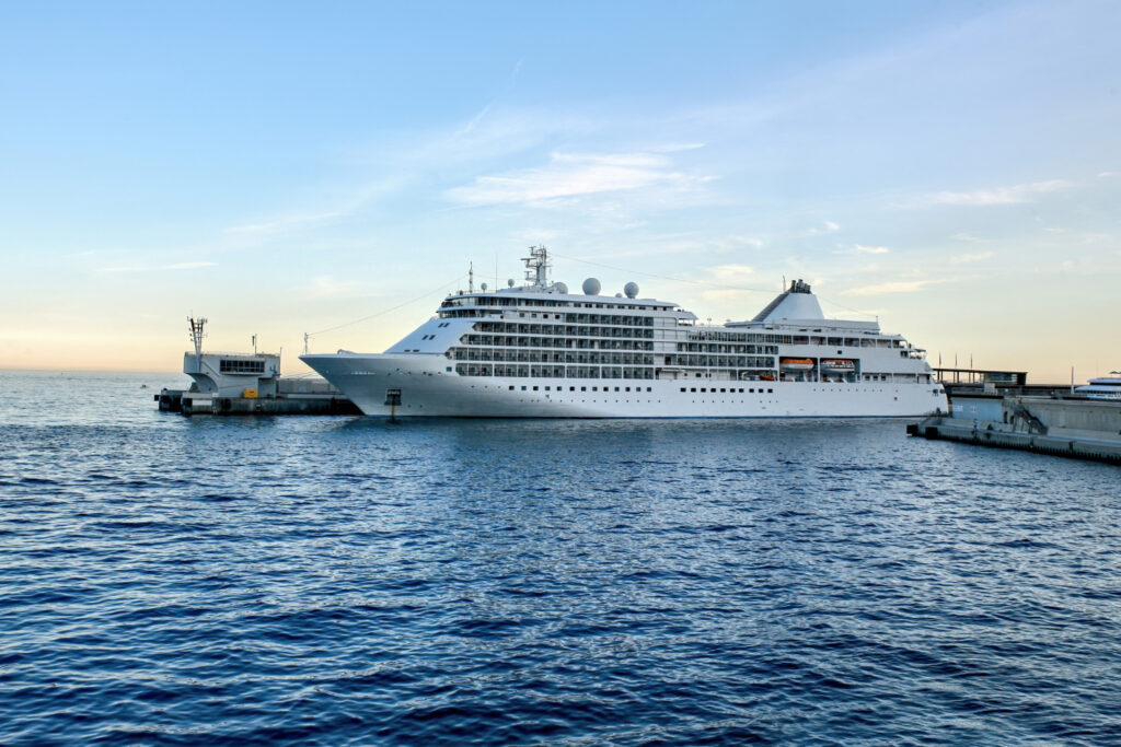 A large white cruise ship docked at a pier, surrounded by calm blue water and a clear sky.
