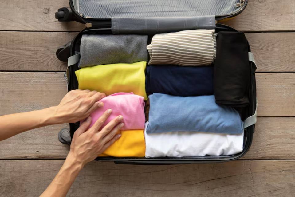 A neatly packed suitcase with colorful rolled t-shirts, as a person arranges clothing for travel on a wooden surface.