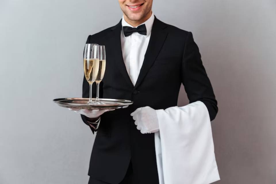 A smiling waiter in a tuxedo holds a tray with two champagne glasses, ready to serve in an elegant setting.