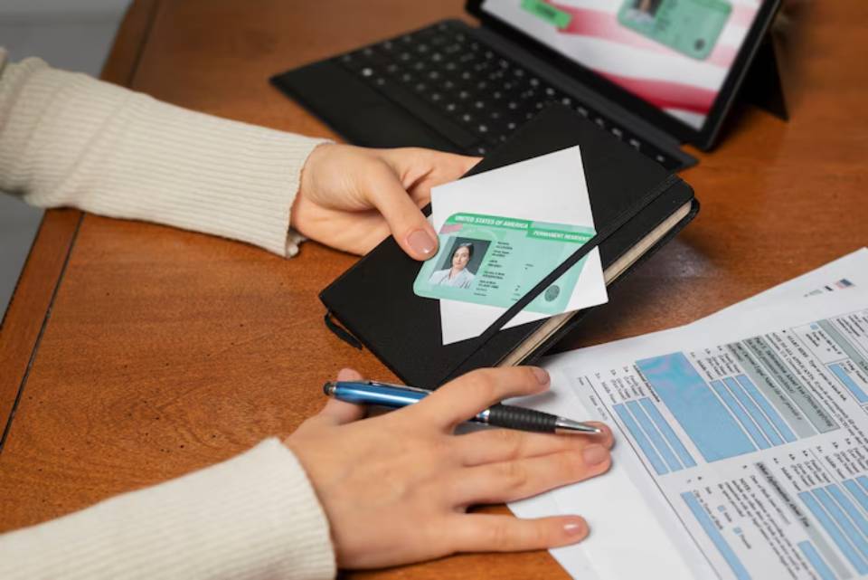 A person holds a U.S. green card and envelope above a black notebook, with documents and a tablet visible on a wooden table.