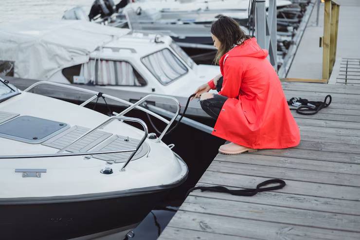 A person in a bright red raincoat kneels on a wooden dock, preparing to board a boat surrounded by other moored vessels.