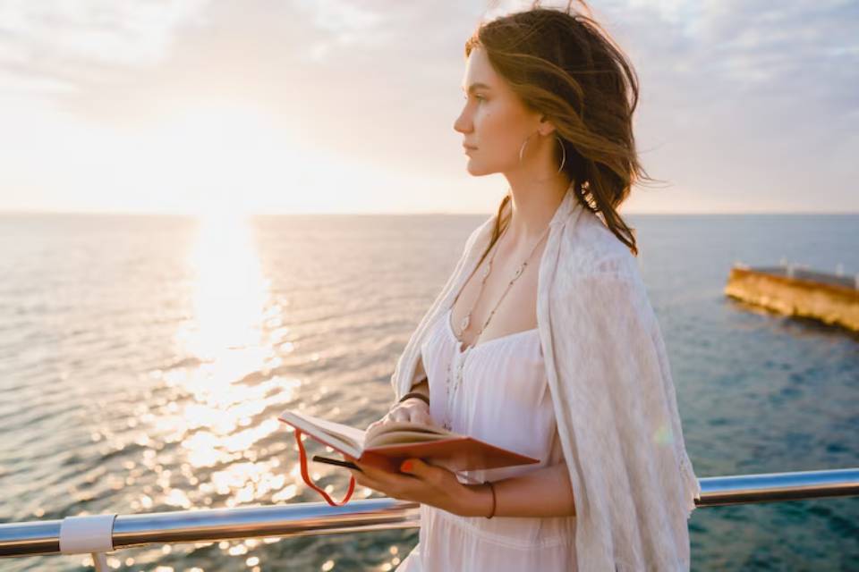 A woman in a white dress holding a book, standing by a railing, with a sunset reflecting on the ocean in the background.