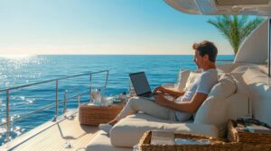 person using cruise Wi-Fi on balcony with ocean view