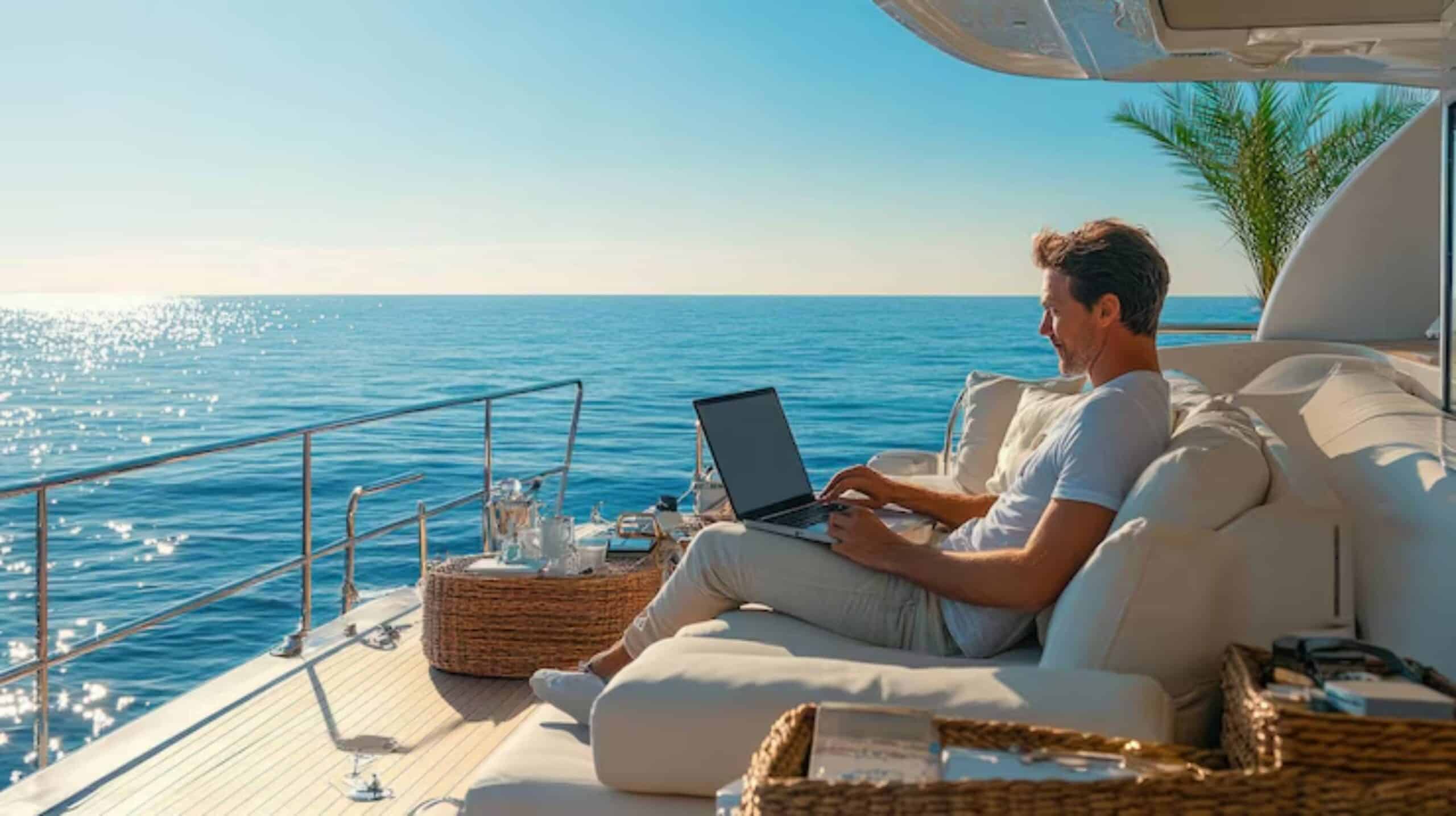 person using cruise Wi-Fi on balcony with ocean view