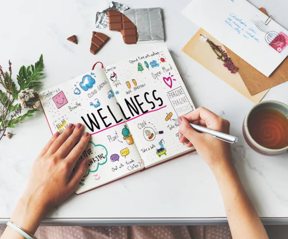 A hand writes in a wellness journal filled with doodles, surrounded by a cup of tea, chocolate, and decorative envelopes.