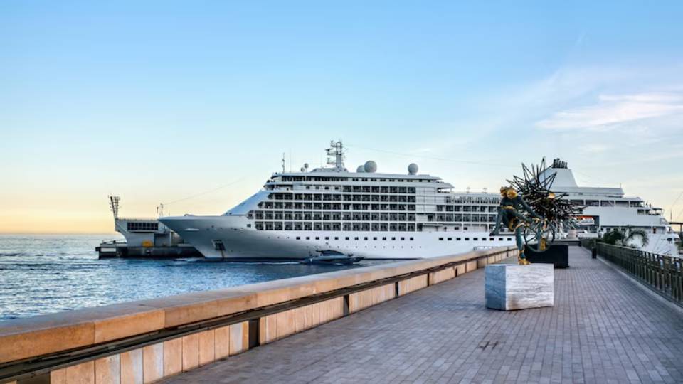 A large cruise ship docked at a marina, with a modern sculpture in the foreground and a clear sky in the background.